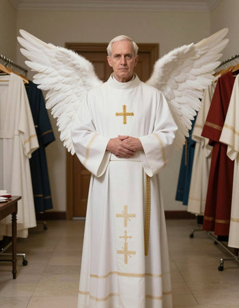 Religious priest with white wings in a church during a religious ceremony