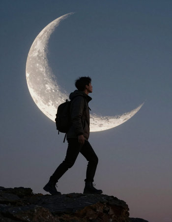 Handsome young man with backpack standing on top of a mountain and looking at the moonの写真素材