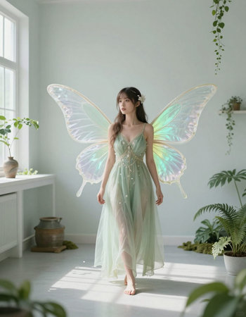 Beautiful young girl in a light green dress with a butterfly wingsの写真素材