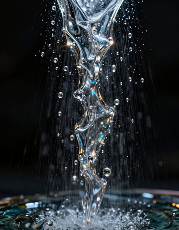 Water splashes on a black background. Shallow depth of field.の写真素材