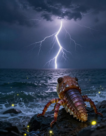 Lightning strikes on the sea and a crustacean in the foreground.の写真素材