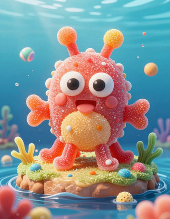 Cute cartoon alien on the island in the sea, 3d illustrationの写真素材