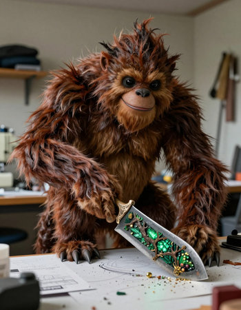 Fashionable handmade figurine of a creature in a workshop.