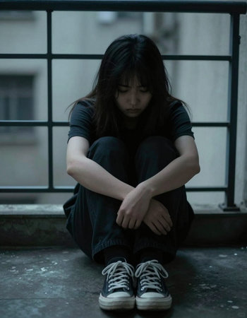young sad and depressed Asian Korean woman suffering depression and anxiety sitting outdoors in...