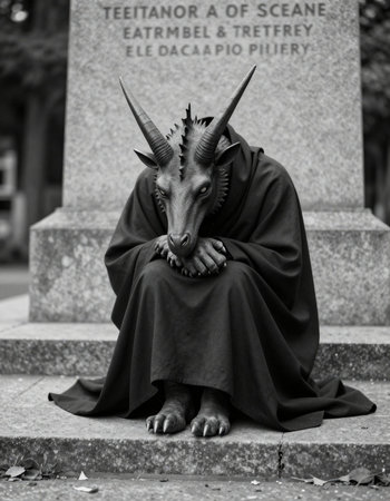 Black and white image of a monk in a black robe sitting on the grave
