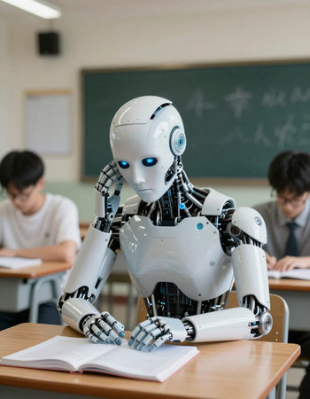 robot in the classroom with students in the background, education concept