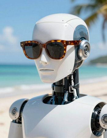 Close up of artificial intelligence robot with sunglasses on caribbean beach