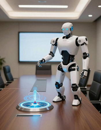Robot in meeting room. Artificial intelligence concept. 3D Rendering