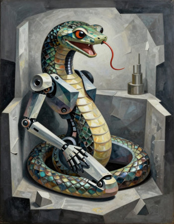 Digital illustration of a snake with a gun and a tattoo machine.