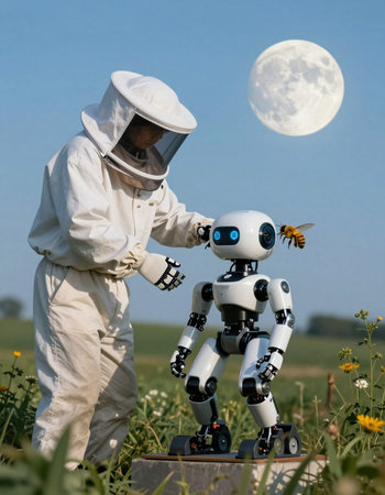 Robot and bee in the field with a full moon in the background