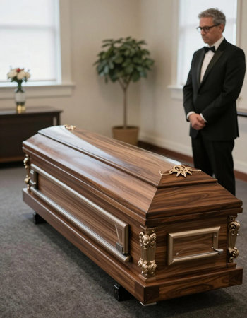 Close-up of a casket in a hearse or chapel before funeral or burial at cemetery.の写真素材