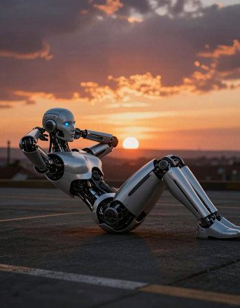 3d rendering robot sitting on the roof of a building at sunsetの写真素材