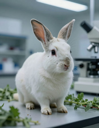 Rabbit in the laboratory with microscope. Animal health care concept.