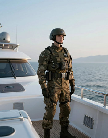 Soldier in a military uniform on the background of the sea.