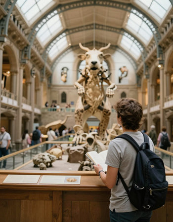 Young male tourist reading a book in the Museum of Natural History.の写真素材