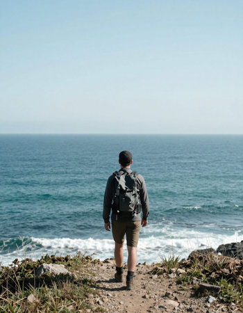 Man standing on a cliff with the ocean in the background, looking at the horizonの写真素材