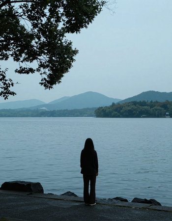 Silhouette of a woman standing on the shore of a lake