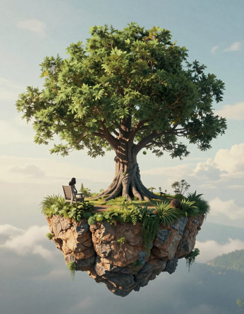 3d render of a green tree floating in the air