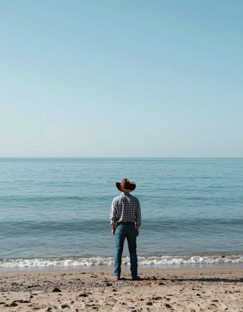 Man in a hat standing on the beach and looking at the sea