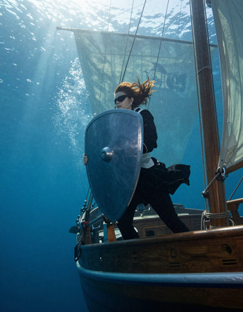 A person in a suit and a shield on a ship in the ocean