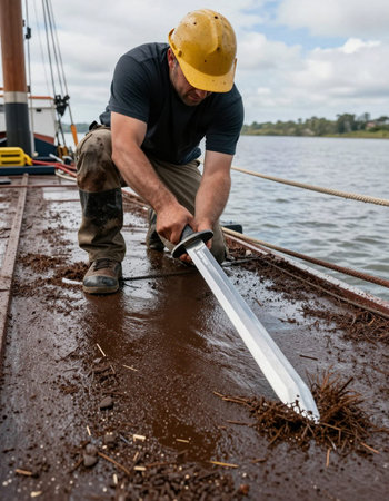 Worker on the deck of a boat with a tool in his hand