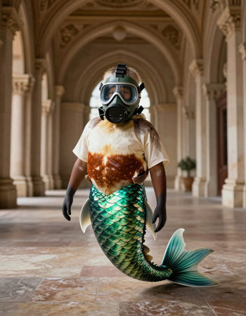 Mermaid in a mask and a gas mask in the museum