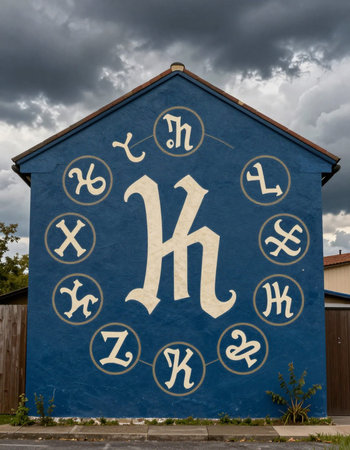 Korean alphabet painted on a blue wall in a small village.の写真素材