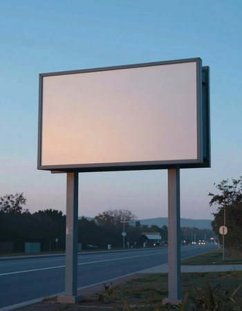 Blank billboard on the road at sunset with copy space for your textの写真素材