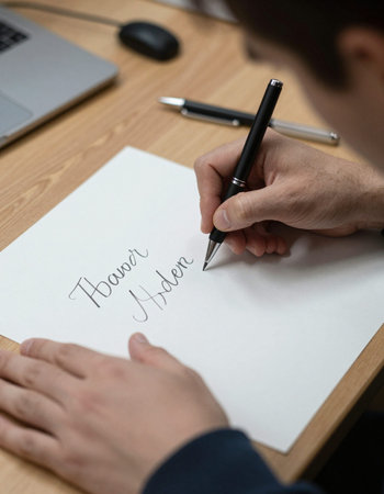 Man writes thank you on a sheet of paper, close-up