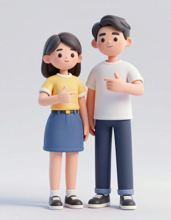 3d illustration of a happy couple showing thumbs up gesture with copy spaceの写真素材