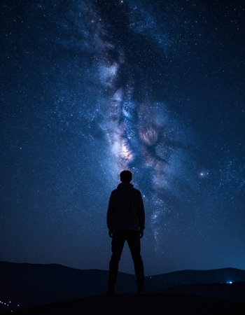 Silhouette of man looking at milky way galaxy at night