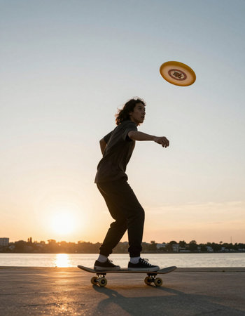 Skateboarder on a skateboard at sunset.