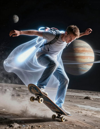Skateboarder performing tricks against planet and starry sky.の写真素材