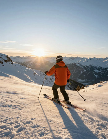 Skier skiing in the mountains at sunset. Winter sport and active lifestyle.