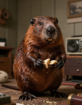 Cute beaver eating a piece of food on a wooden table