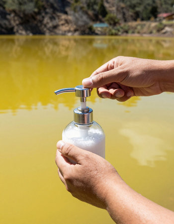 Close-up of a man's hand holding a bottle of liquid soap