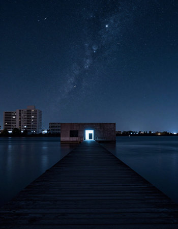 Milky Way over a pier at night with a building in the background