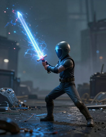 A man in a protective helmet with a sword in his hands on a dark background.