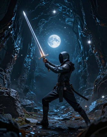 Man with sword in dark cave. Fantasy landscape. 3D rendering.