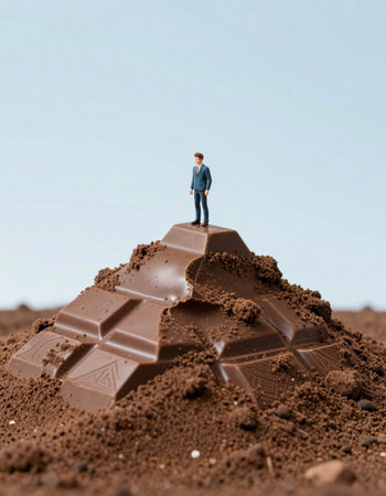 Miniature people: Businessman standing on chocolate bar. Image use for food and drink conceptの写真素材