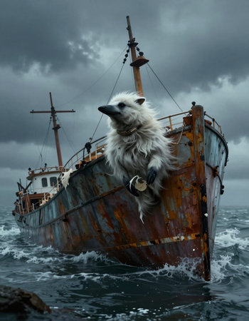 Fishing boat in the stormy sea with a white dog on it