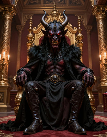 Huge horned demon sitting in the throne of a royal palace