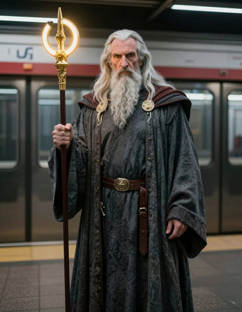 Portrait of an old man with a long white beard on the background of the subway station.