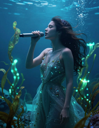Young beautiful asian woman singer with microphone in the sea underwater.