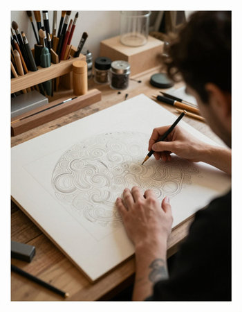 Close-up of a young caucasian male artist drawing a picture in his workshop