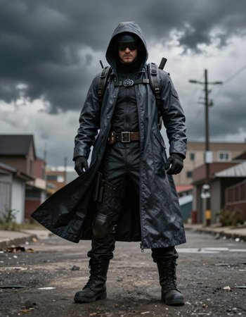 Portrait of a young man in a black raincoat on the street