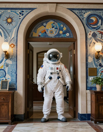 Astronaut in the corridor of the hotel. The interior of the hotel.