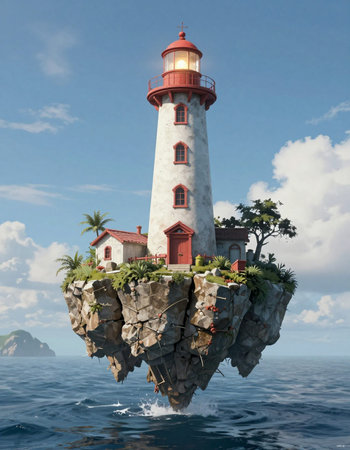 Lighthouse on a small island in the sea. 3d renderの写真素材