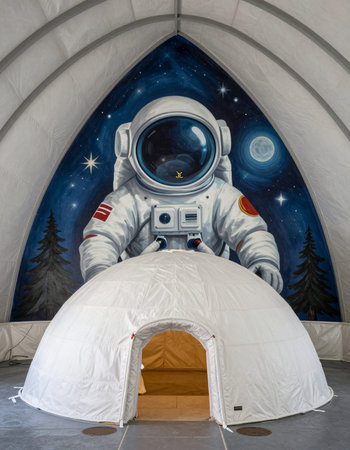 Astronaut inside the tent in the outer space.