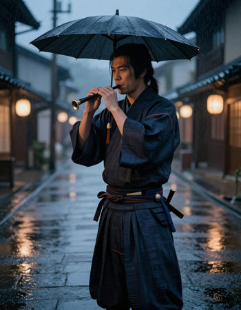 Japanese samurai playing the flute in a rainy street in Japan.の写真素材